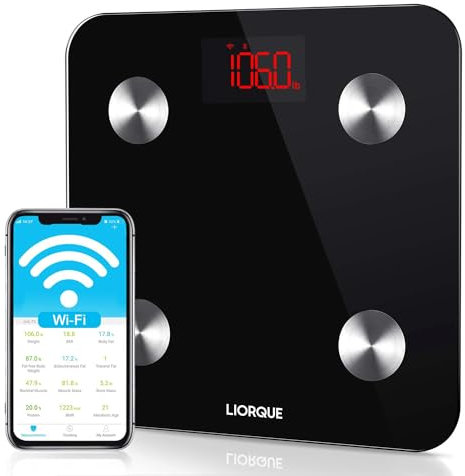 LIORQUE Digitale Körperfettwaage Wlan Personenwaage Digital Waage Bluetooth WI-FI, APP für iOS & Android, Messung von Körperfett, Gewicht, BMI, Muskelmasse, Protein, Schwarz, 1 Stück