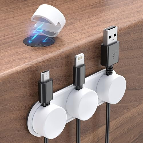 Xuuza 4 Magnetic Cable Clips + 1 Base, Silicone Cable Holder Desktop Nightstand Wire Organization for Phone Laptop USB Charger Cords, Adjustable Cable Snap with Magnet (White)