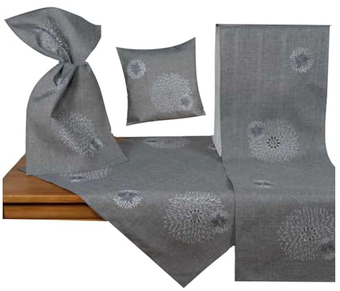 Raebel OHG Tischdecke Mitteldecke Tischläufer einfarbig grau Bestickt mit modernen runden Ornamenten pflegeleicht (85 x 85 cm)