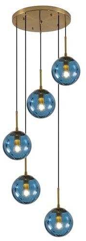 KCO Éclairage nordique bleu pendentif en verre bleu 5 lumières globe pendentif grappe éclairage brossé or cuisine îlot lampes suspendues moderne ferme multi suspension luminaire