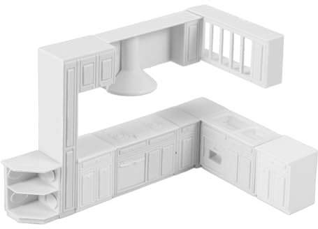 GARVALON Miniatur Küchenschrank Modell 1:25 Puppenhaus Herd Und Waschbecken Satz Kunststoff Weiß Puppenhausmöbel Requisite Für Landschafts Und Fotodekoration