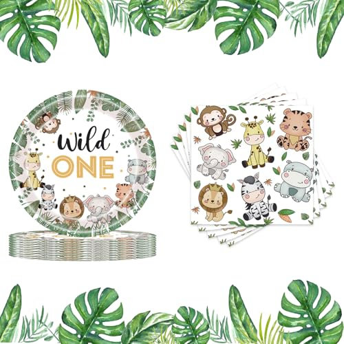 AIZHAZHA Jungle Safari piatti per feste di compleanno, 40 pezzi Animali Della Giungla Stoviglie per Feste di Compleanno per Bambini, Animali Piatti di Carta Tovaglioli per addobbi compleanno