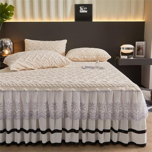 Odot Jacquard Flanell Bettrock mit Rüschen, Spitze Design Bettvolants Spannbettlaken mit Volant Matratzenschoner Spannbetttücher Weiche Spannbetttuch Bettlaken (Cremeweiß,153x203cm)