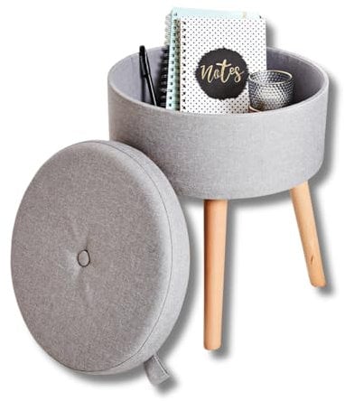 3 Pagen® Multifunktionaler Hocker mit Stauraum rund, Sitzhocker bis 120 kg belastbar, Deckel abnehmbar, gepolsterter Hocker, Wende-Deckel mit Holzplatte, Durchmesser 36 cm, grau