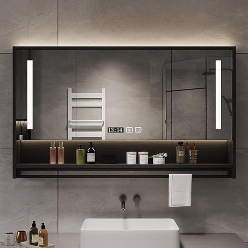 Modern LED Lighted Triple Door Bathroom Mirror Cabinet with Adjustable Shelves Wall Mounted Sensor Touch Mirror Cabinet for Bathroom Size: 90x75x12cm Black Color