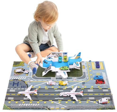 Maycoly Transport Flugzeug Spielzeug,Insgesamt 15 Fortbewegungsmittel mit Verkehrsschildern und Spielmatten,Flugzeug für Kinder mit Hubschrauber,Auto Spielzeug Kinder 3+ Jungen Mädchen