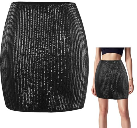 OFFCUP Glitzer Rock Pailletten Rock Pailettenrock Für Damen Kurz Damen Sexy Midi Skirt Bleistiftrock Hüftrock mit Elastische Taille Party Rave Skirt Outfit Wickelrock Röcke für Damen -Schwarz