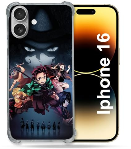 Cokitec Verstärkte Schutzhülle für Apple iPhone 16, Manga, Demon Slayer, Schwarz
