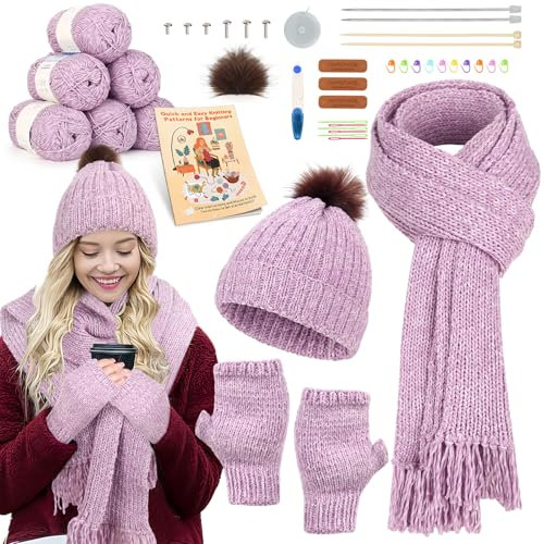 Reessy Strickset für Anfänger, komplettes Strickset für Anfänger und Erwachsene - Machen Sie Ihre eigenen Mütze, Schal, Handschuhe, Strick-Starter-Kit mit Anleitung, Stricknadeln, Garn, schönes