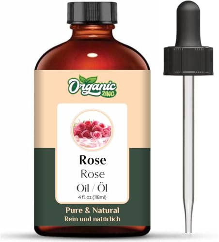 Organic Zing Huile de rose (Rosa damascena) | Pure & Natural Non diluted Essential Rose Oil for Aroma, Diffuseur & Soin de la peau – 118 ml