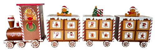 PE Adventskalender Zug zum Befüllen aus Holz, Weihnachts-Lebkuchenmann-Countdown-Kalender mit 24 Schubladen und LED-Beleuchtung, Weihnachtsgeschenke