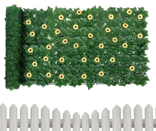 Efeu Sichtschutzzaun - 1 x künstlicher Efeu Sichtschutzzaun Wandschutz |Balkonsichtschutz | Grünpflanzen Ranke Grasplatten mit 96 Sonnenblumen Garten für Wand Wohnung