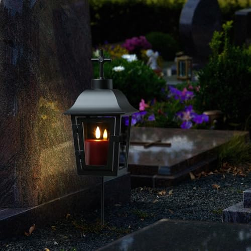 Grablaterne mit roter Mini LED Kerze Grablicht mit 2 wechselbaren Spitzen (Kugel, Kreuz) und Erdspieß Grableuchte Grablampe Friedhofslaterne Gartenlaterne schwarz (Laterne mit Kerze/Typ2)
