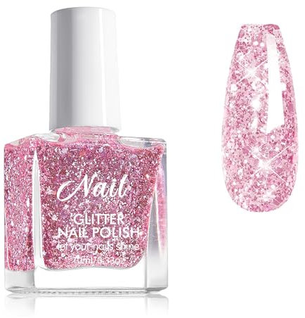 Glitter Nail Polish - Quick Dry Nail Varnish - Pink Shimmering Sparkly Holographic Nail Varnish - Shiny Long Lasting Chip Resistant Nail Polish for DIY Nail Art Manicure at Home