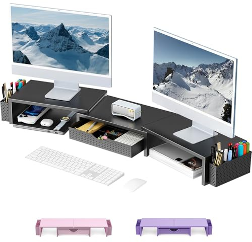 Pygocereri Dual Monitor Stand Riser, Metal Desk Accessories with Drawer and 2 Pen Holder, Adjustable Length and Angle - Computer Monitor Stand for Screen, Computer, Printer (Black)