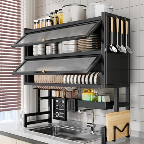 Over The Sink Dish Drying Rack,Heavy Duty Drainer Rack with Flip Cover | Metal Kitchen Dishes Storage Shelf Utensil Holder with Transparent Door for Kitchen Counter Organizer(95*28*90cm,Black)
