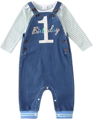 BOUTIKOME Ragazzi 1° Compleanno Vestito Bambino Ragazzo Tuta Set Neonati Vestiti Strisce Manica Lunga Pagliaccetto Jeans Regolabile Salopette con Bottoni Ricamo Stampante Set di Abbigliamento