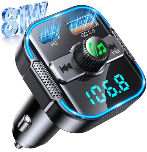 Glangeh 2026 Upgraded Bluetooth 5.3 Car Adapter【PD 45W+QC3.0 36W】 | 2-in-1 Bluetooth FM Transmitter【Dual Stronger Mics】& Fast Car Charger, Wireless Car Radio Adapter Hands-Free, Siri Assistant