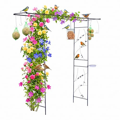 Relaxdays Rosenbogen Vogelparadies, Rankhilfe, Vogelbad, schwarz | Vogelfutterstationen, HxBxT: 208 x 210 x 50 cm, Metall