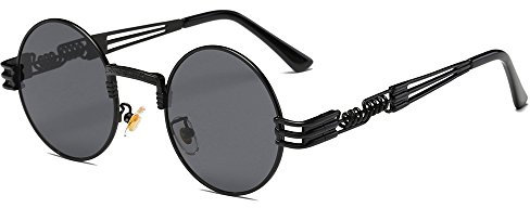 BOZEVON Retro Steampunk Style inspiré Round Metal Circle Lunettes de soleil pour femmes et hommes, Noir-Gris