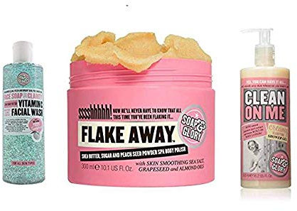 Soap and Glory Body Flake Away bundled with Face Soap and Clarity 3-in-1 and Clean on Me Clarifying Shower Gel
