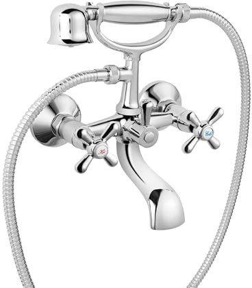 Zweigriff Armatur für Badewanne Retro Wannenarmatur - Vintage Badewannenarmatur mit Kreuzgriffen, Handbrause & Brauseschlauch - nostalgisches Design von Ferro