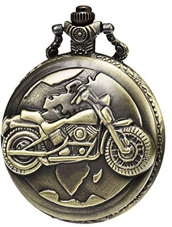 MORFONG Herren Damen Quarz Taschenuhr 3D Motorrad Muster mit Kette und Geschenkbox Bronze