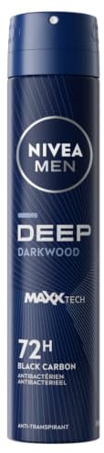 NIVEA MEN DEEP DARKWOOD Déodorant spray (1 x 200 ml), Détranspirant 72h anti-humidité, anti-odeurs, & antibactérien au charbon noir actif, Déodorant homme anti transpirant au parfum boisé