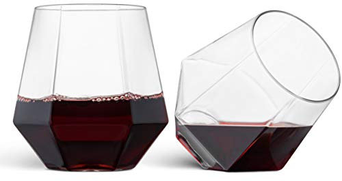 Munfix Paquete De 32 Vasos De Vino Sin Tallo De Plástico En Forma De Diamante Desechables Vasos De Whisky De Vino De Plástico Transparente De 12 Oz Inastillables Reciclables Y Sin Bpa |Claro|