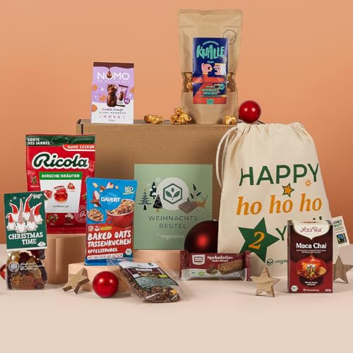 Vegan Box Weihnachtsbeutel gefüllt mit leckeren veganen Naschereien, Ausgewählte Produkte für die Weihnachtszeit, Nikolaustüte, Geschenktüte