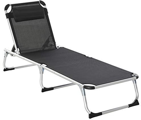 Outsunny Sonnenliege faltbar Gartenliege mit Kopfkissen Liegestuhl mit der 4-stufig verstellbaren Rückenlehne Campingliege bis 120 kg belastbar für Outdoor-Park, Garten, Schwarz
