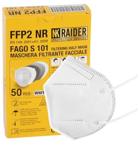NK RAIDER 50 Mascherine FFP2 Certificate CE NR 2841, Made in Italy 5 Strati Adulti, Mascherine conformi alle normative - Colore Bianco (50 pezzi)