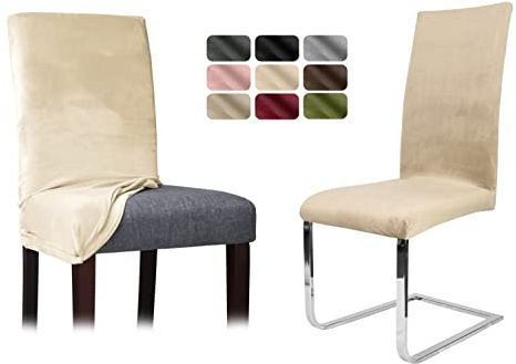 BEAUTEX Stuhlhussen Sets, Samt Mikrofaser Stuhlbezug, elastische Stretch Husse, Set -Größe und Farbe wählbar (Creme 1er Set)