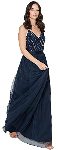 Maya Deluxe Women's Ladies Maxi Dress Long Length Wedding Guest Bridesmaid Prom Summer Evening Gown V Neck Straps Bow Tie, Navy, 22