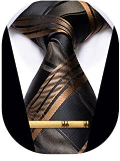 YourTies Herren Krawatten gestreifte Krawatte und karierte Krawatten für Männer gewebte Seide Krawatte Gold Krawattenklammer Set, Braun gestreift, Einheitsgröße