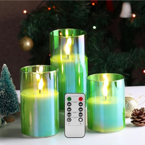 Eywamage Green Glass Flameless LED Candles with Remote, Flickering Battery Christmas Pillar Candles Set of 3