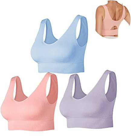 SEGRILA Damen Sport BH Set Gerippter Ohne Bügel Yoga Bustier Gepolsterter Fitness Training (Rosa,Lila,Brau, XL)