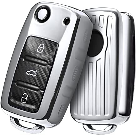 OATSBASF Autoschlüssel Hülle VW, VW Golf Schlüsselbox, Schlüsselhülle Cover für vw Polo Passat Skoda Seat 3-Tasten (T-Silver)