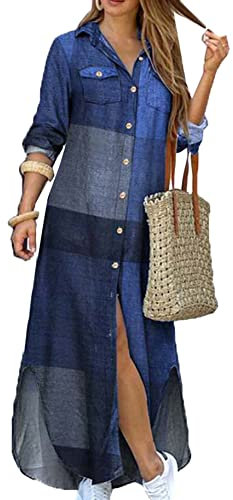 YMING Femme Robes Longues Carreaux Imprimés Robe Boutonnée à Manches Longues Robes Ouvertes sur Le Devant Bleu XXL
