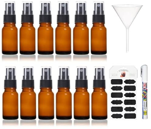 Aucomptoirdesflacons 12x Flacon spray vide 15ml verre avec pulvérisateur brume fine pour : pharmacie, parfum, huile essentielle, cosmétiques, aromathérapie... (avec accessoires) (15ml, Ambré)