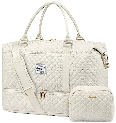 LOVEVOOK Travel Duffle Bag, Weekender Bags for Women with Shoe Compartment, Carry on Overnight Bag with Toiletry Bag, Gym Duffel Bag with Wet Pocket, Hospital Bags for Labor and Delivery, Beige