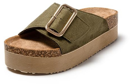 JOMIX Chanclas Mujer Verano con Hebilla Sandalias Plataforma Mujer Cuero Chanclas Mujer Piel Sandalias Mujer Comodas Playa Piscina Mar, Verde, 41 EU