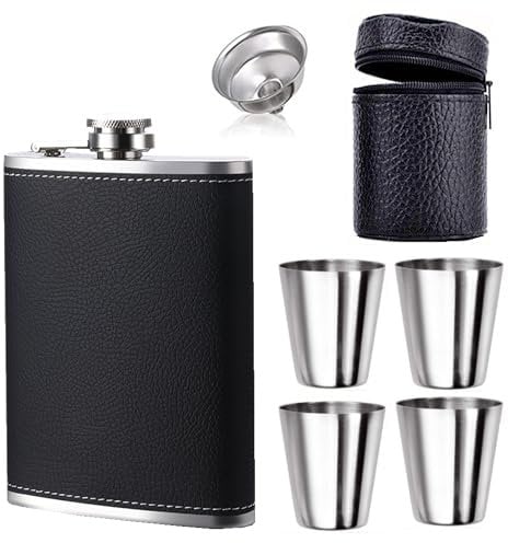 GUFRRST Flachmann für Schnaps,8oz Edelstahl auslaufsicherer Whiskey Flachmann mit Trichter,und 4 Schnapsgläser,Für Männer und Frauen,Flachmann Geschenk Box