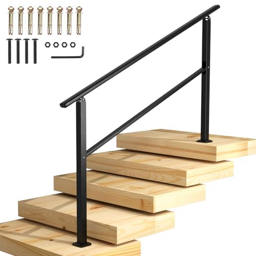 Homtone 145x90cm Baranda para Escalera, Pasamanos de Hierro Negro Opaco para Escaleras Exteriores Adecuado para 4-5 Escalones, con Kit de Instalación de Pasamanos, para Jardín, Garaje, Terraza