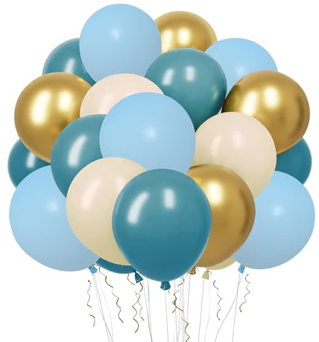 52 Pcs Blaue Luftballons,hell Blau Beige Gold Pack of Balloons Apricot Sand White Golden Latex Balloons for Birthday Wedding Engagement Baby Shower Party Decoration Geburtstag Hochzeit