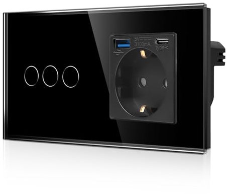 CNBINGO Interruptor de luz de cristal y enchufe Schuko USB empotrado, tipo C y tipo A 3,1 A/20 W total, interruptor de luz táctil con estado LED, 3 capas, color negro