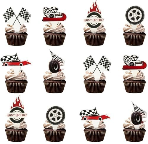 24 PCS Hot Car Cupcake Toppers Race Car Party Decorations Checkered Theme Cake Decoration for Boy Girl Baby Shower Birthday Party Cake Decors Supplies