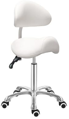 Antlu Sattelhocker mit Rückenlehne, ergonomischer Rollstuhl für Kosmetiker, Salon, Tattoo-Shop, Spa, Zahnarzt, Klinik (verstellbare Rückenlehne, Weiß)
