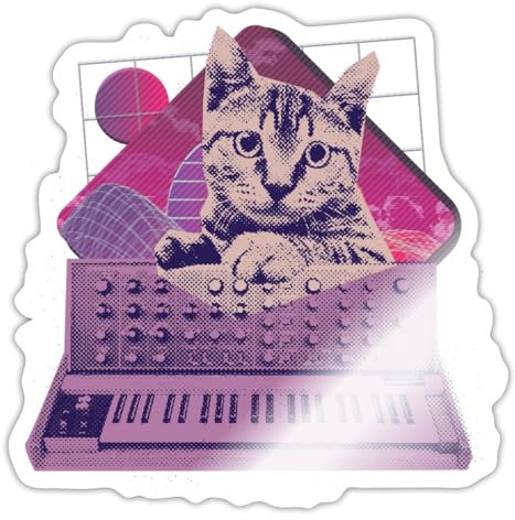Spreadshirt Katze Synthcat Synthesizer Geschenk Musik Vaporwave Sticker, max. 10 x 10 cm, 10 x 10 cm, Weiß glänzend