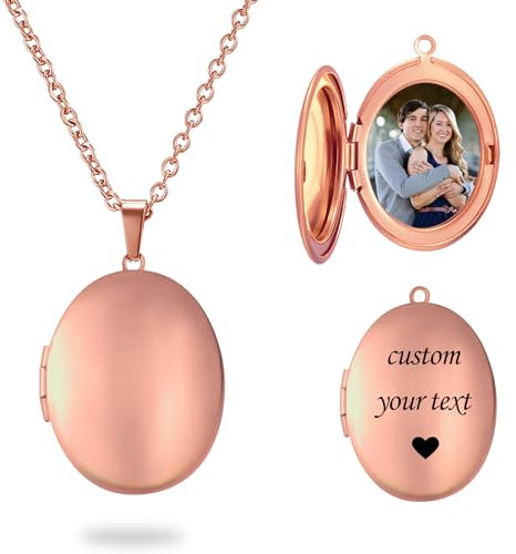 PHOCKSIN Rose Gold Glossy Personalised Oval Locket Necklace Custom Photo Locket Necklace for Women Picture Locket Pendant Necklace Text Engraved Customised Lockets Gifts for Mum